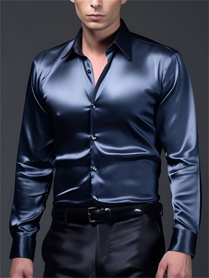 Men's Long Sleeved Button Up Shiny Satin Dress Shirts