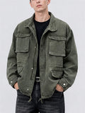Men Cotton Washed Zip Up Multi Pocket Drawstring Cargo Coat
