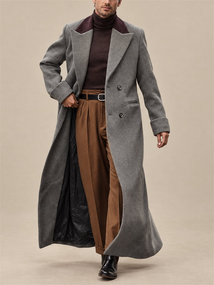 Men Stylish Contrast Collar Wool Blend Overcoat Long Double Breasted Coat