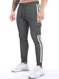 Men Striped Drawstring Tapered Cargo Joggers Sweatpants