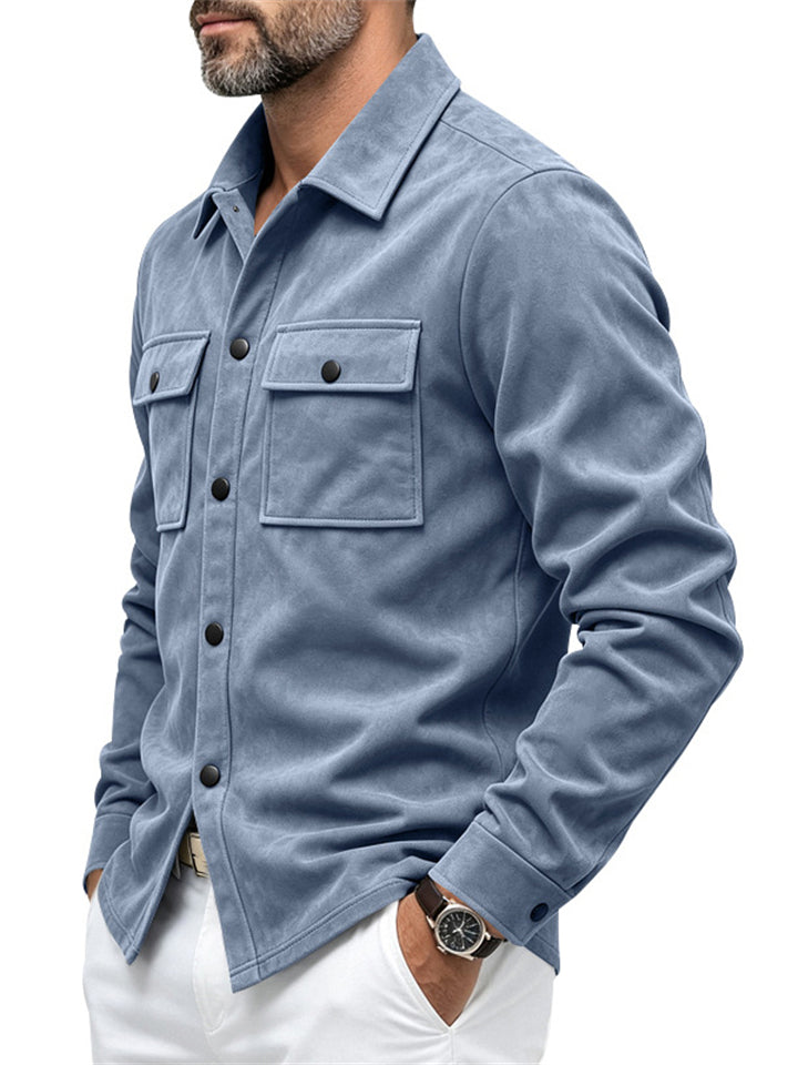 Men Autumn Faux Suede Button Down Chest Pockets Shirt Jacket