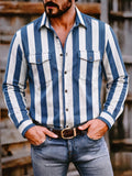 Men Striped Button Down Long Sleeve Chest Pocket Shirts