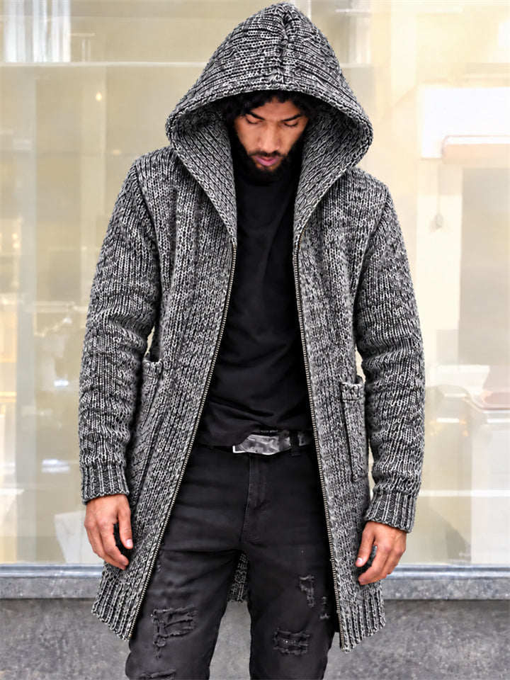Men Hooded Knit Cardigan Zip Up Long Sweater Coat with Pockets