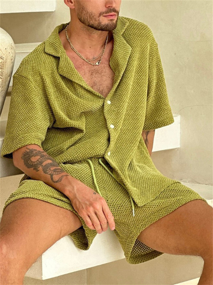 Summer Short Sleeved Drawstring Button Up Outfits for Men