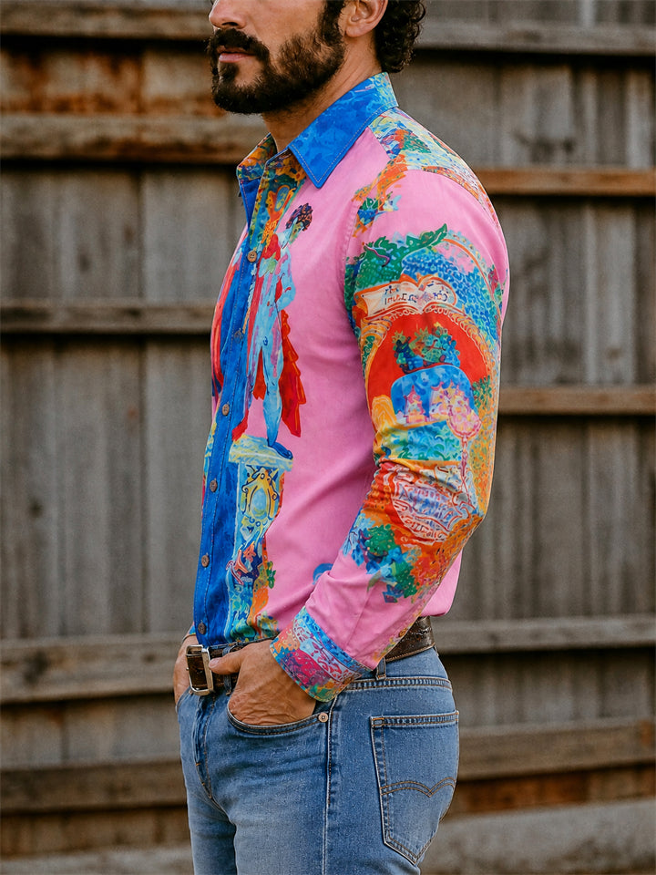 Men Renaissance Baroque Art Print Long Sleeve Button Up Shirt