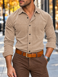 Men Casual Corduroy Button Down Long Sleeve Chest Pocket Shirts