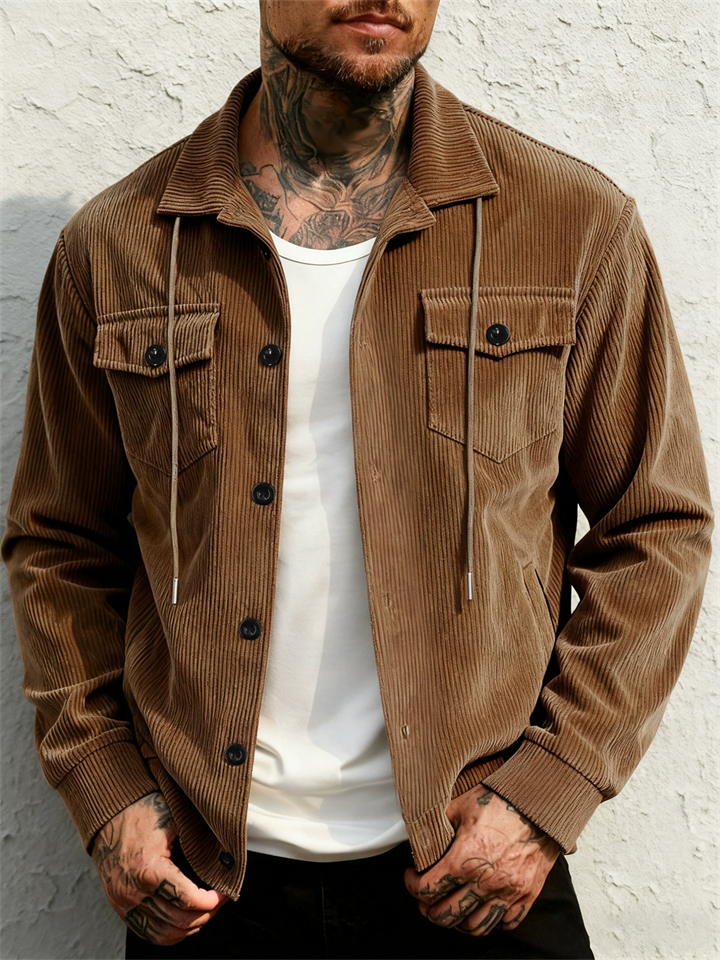 Men Corduroy Button Down Chest Pockets Casual Shirt Jacket