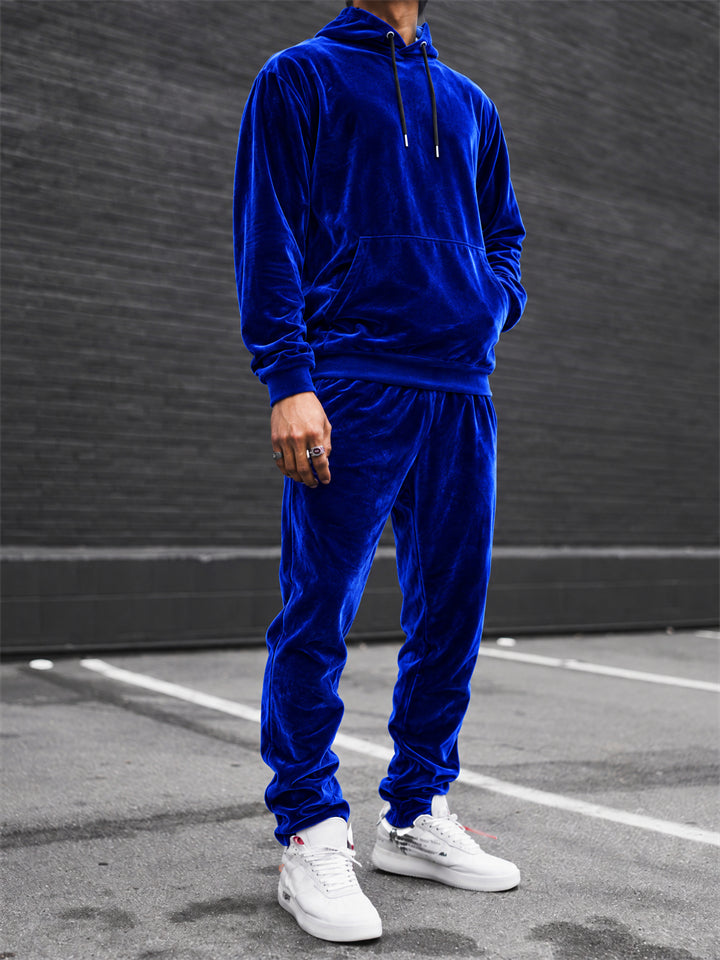 Men Velvet Kangaroo Pocket Hoodie and Jogger Pants Tracksuit Set