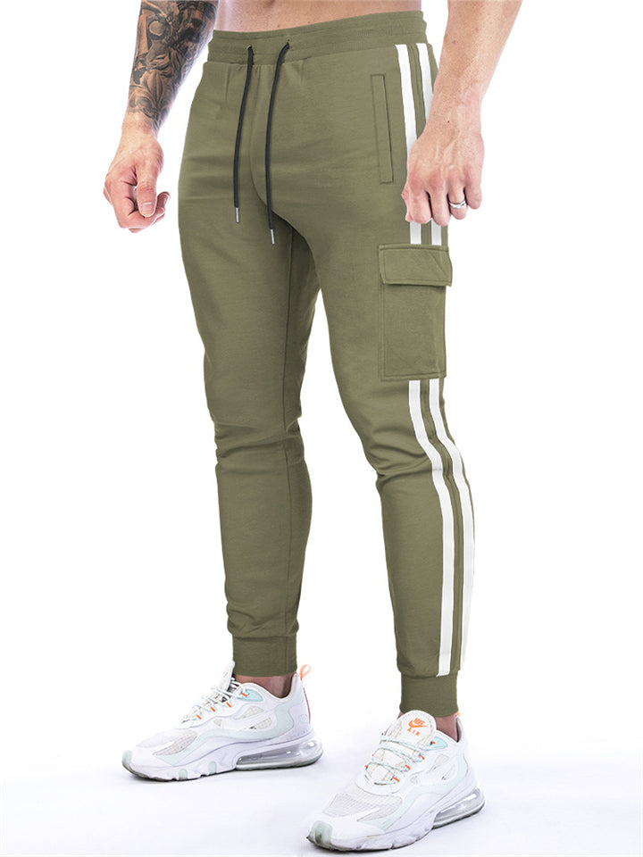 Men Striped Drawstring Tapered Cargo Joggers Sweatpants