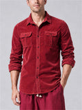 Men Corduroy Long Sleeve Button Down Double Pocket Casual Shirt