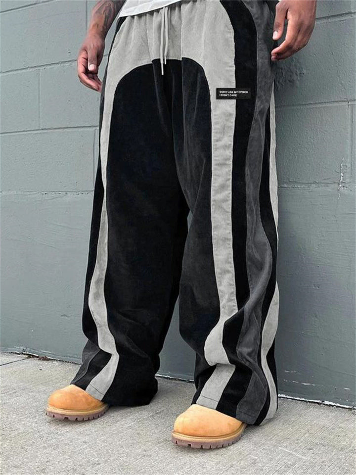 Men's Casual Loose Color Block Patchwork Striped Corduroy Pants