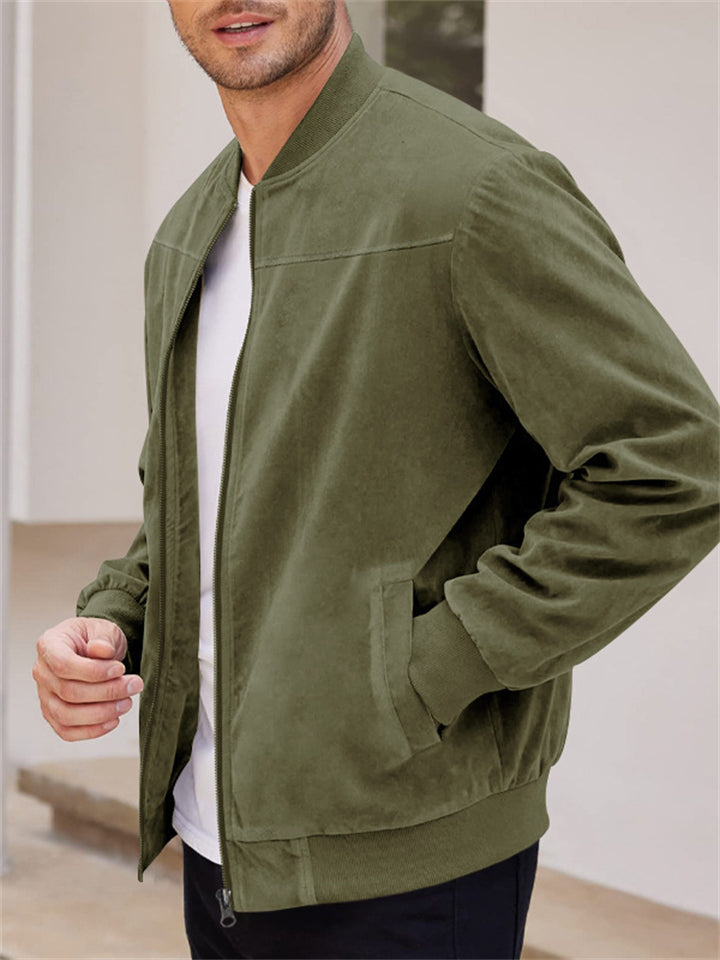 Men's Fashion Stand Up Collar Zip Up Suede Jacket