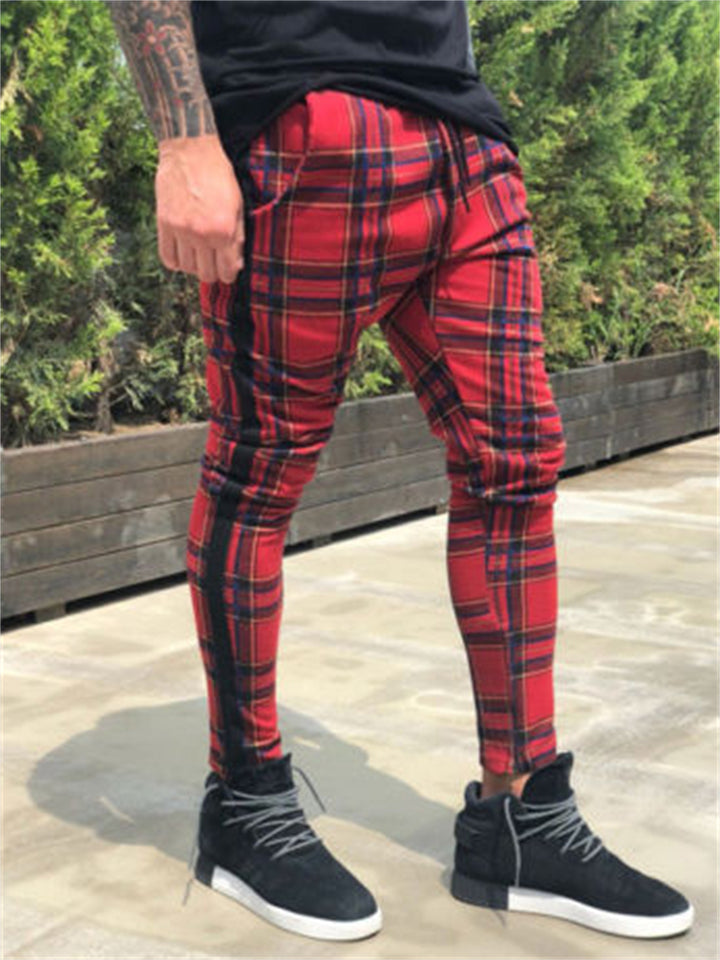 Trendy Hip-Hop Men's Plaid Drawstring Skinny Pants With Pockets