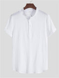 Mens Breathable Solid Color Linen Button Short Sleeve Shirts