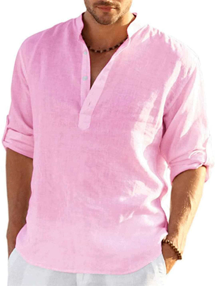 Men's Casual Cotton Linen Stand Collar Long Sleeve Shirts