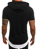 Regular Fit Front Pouch Pocket Layered Detailing Short Sleeve Lightweight Drawstring Hooded Tops