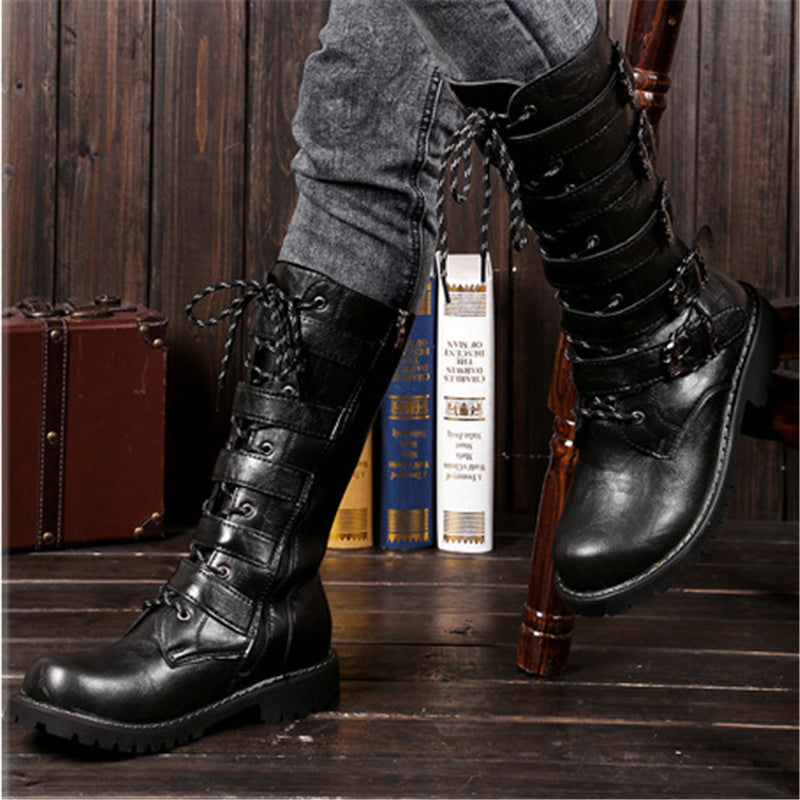 Side Buckle Fastening Low Block Heel Calf-Length Soft Footbed Leather Boots