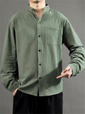 Men's Plus-sized Long Sleeve Stand Collar Cotton Linen Casual Shirts