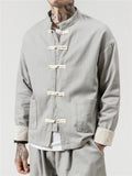 Simple Style Button Up Pocket Long Sleeve Cotton Linen Shirt