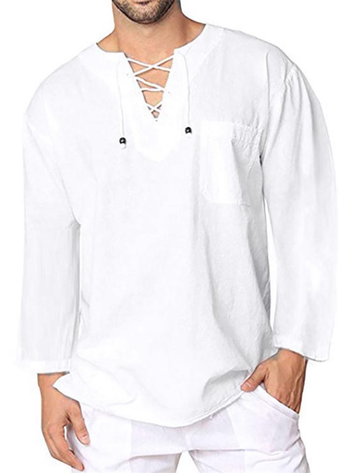 Soft Touch Front Lace-Up Design V Neck Long Sleeve Linen-Cotton Pullover Shirt