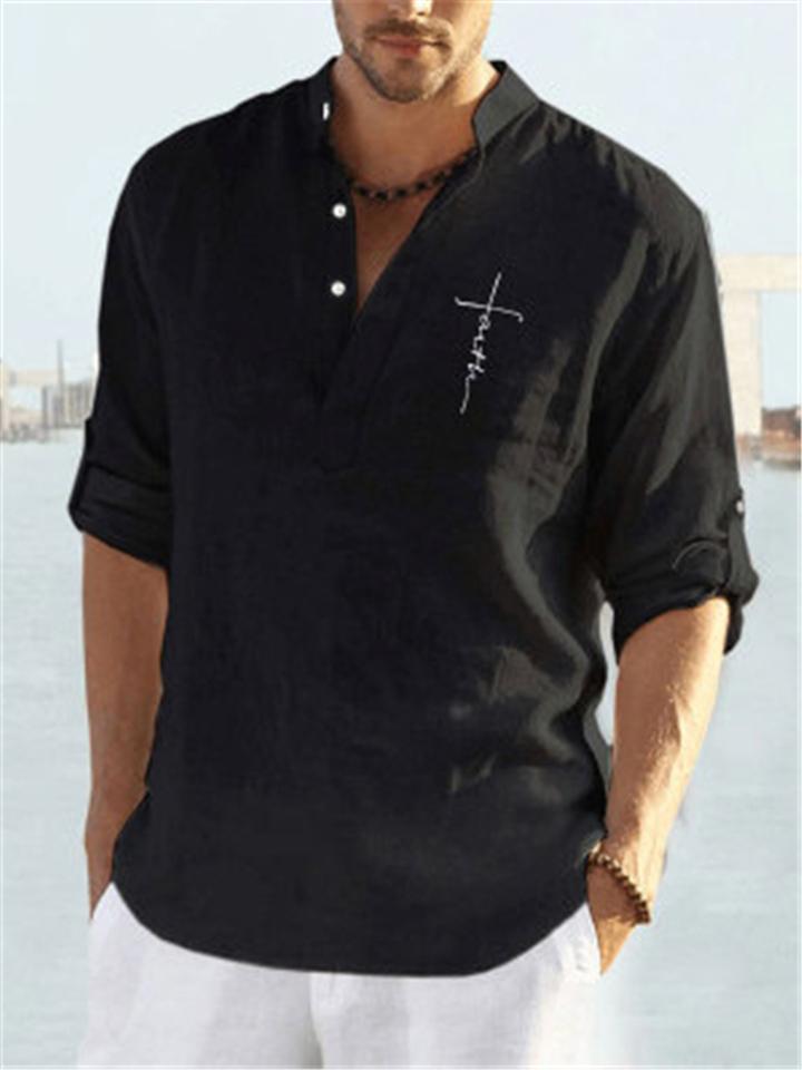 Mens Linen Button Script Decor Stand Collar Short Sleeve T-Shirts