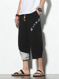 Mens Loose Casual Linen Print Cropped Trousers