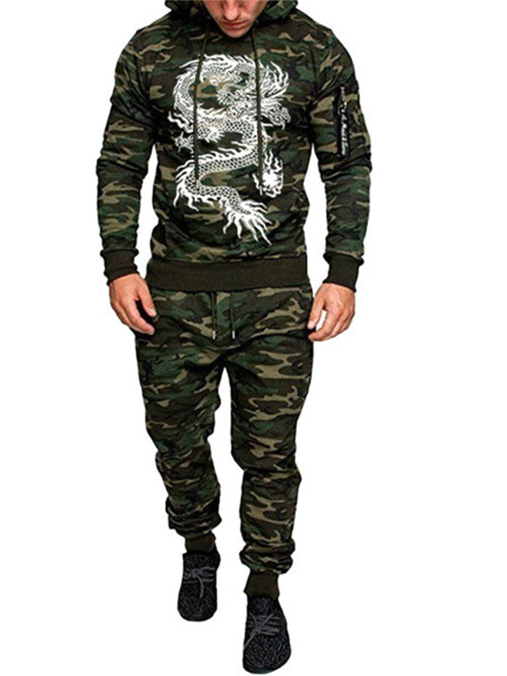 New Streetwear Camouflage Dragon Printing Hoodies+Sweatpants