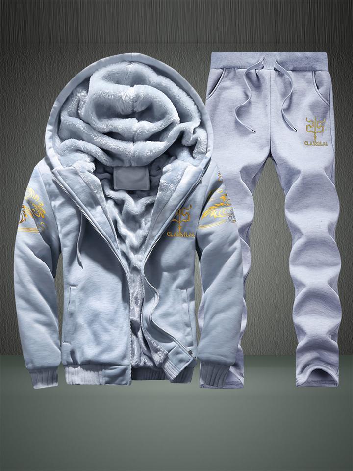 Winter Mens Sport Suit Thicken Flocking Hooded Outerwear & Trouser