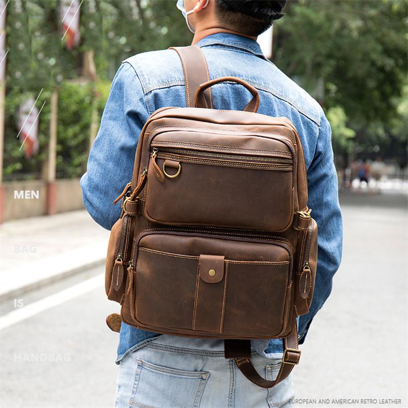 Retro Leather Large-Capacity Computer Bag Adjustable Shoulder Strap Design Travel Backpack