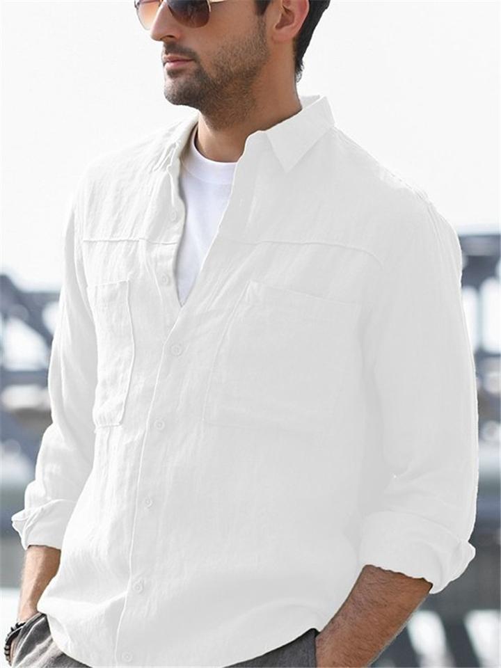 Mens Breathable Lapel Collar Solid Color Casual Long Sleeve Shirts