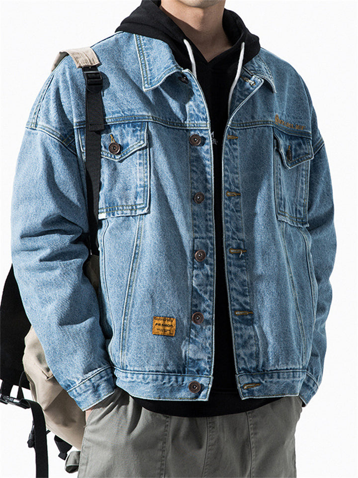 Classic Washed-Effect Lapel Loose Button Denim Jacket