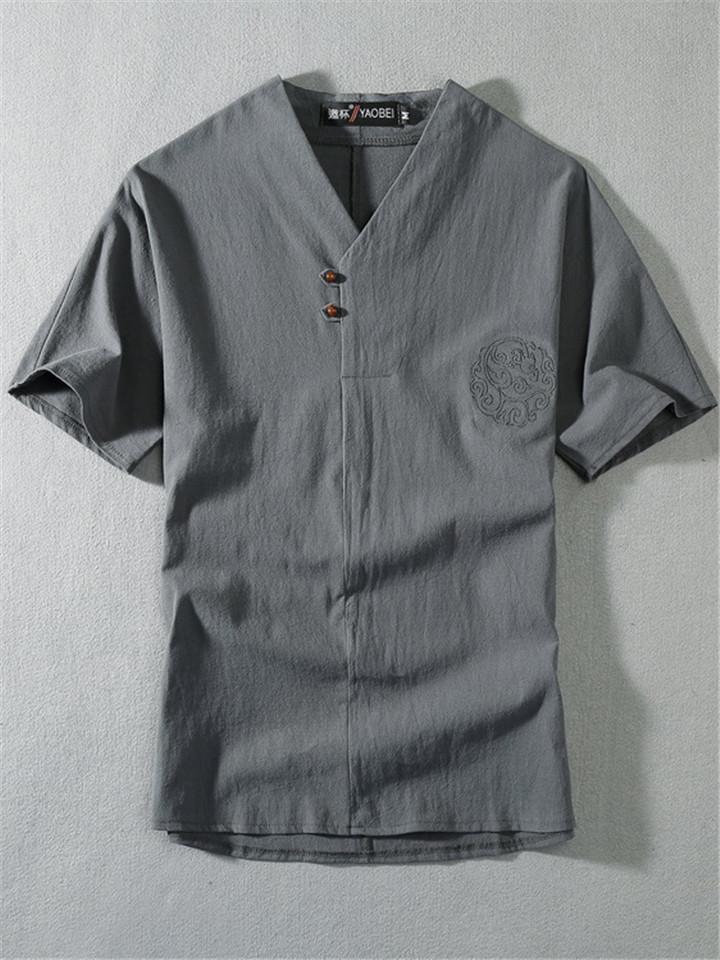 Retro Style Minimalist Soft Cotton Sets Embroidery T-Shirt + Drawstring Pants