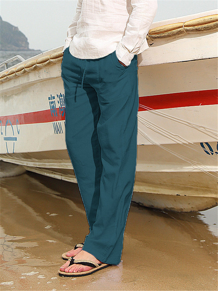 Mens Linen Comfy Pure Color Drawastring Elastic Waist Pants