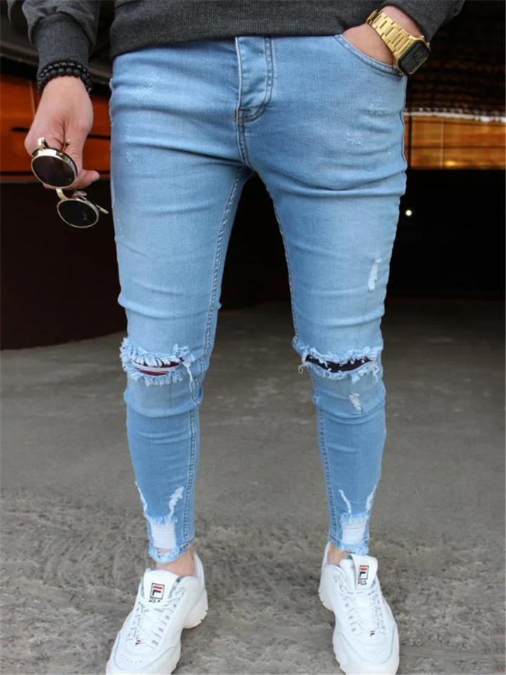 Slightly-Stretchy Ripped Design Classic Pocket Skinny Washed Ankle Jeans