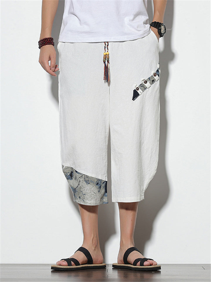 Mens Loose Casual Linen Print Cropped Trousers