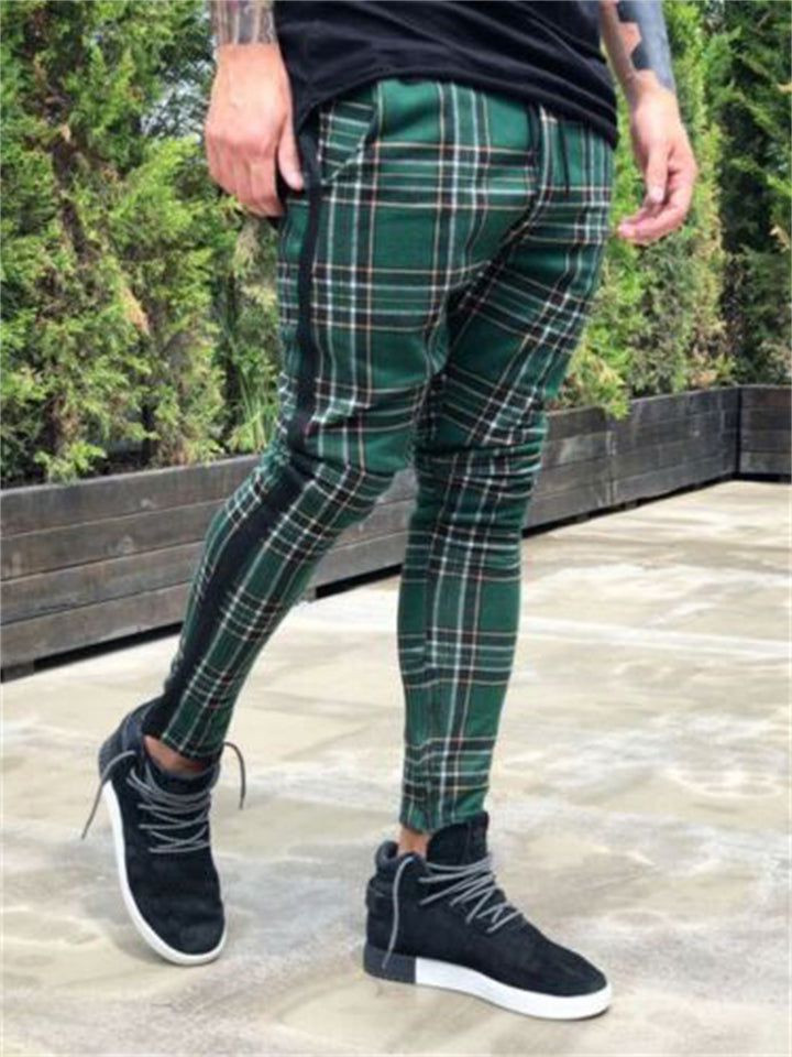 Trendy Hip-Hop Men's Plaid Drawstring Skinny Pants With Pockets