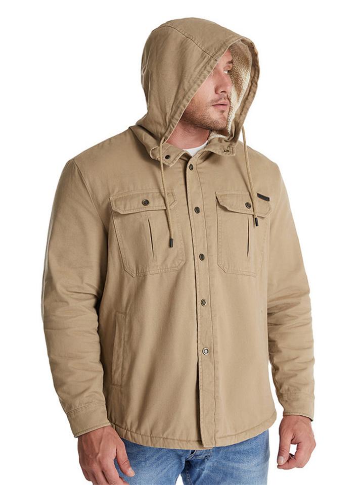 Men's Chest Flap Pocket Cotton Casual Fleece Lining Hooded Jacket