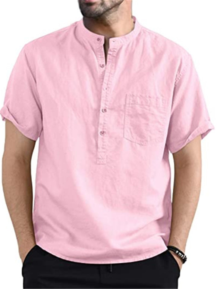 Mens Comfy Solid Color Short Sleeve Henley Shirts