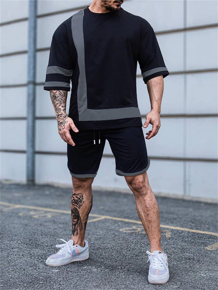 Men's Round Neck Loose Contrast Color Short Sleeve Sets