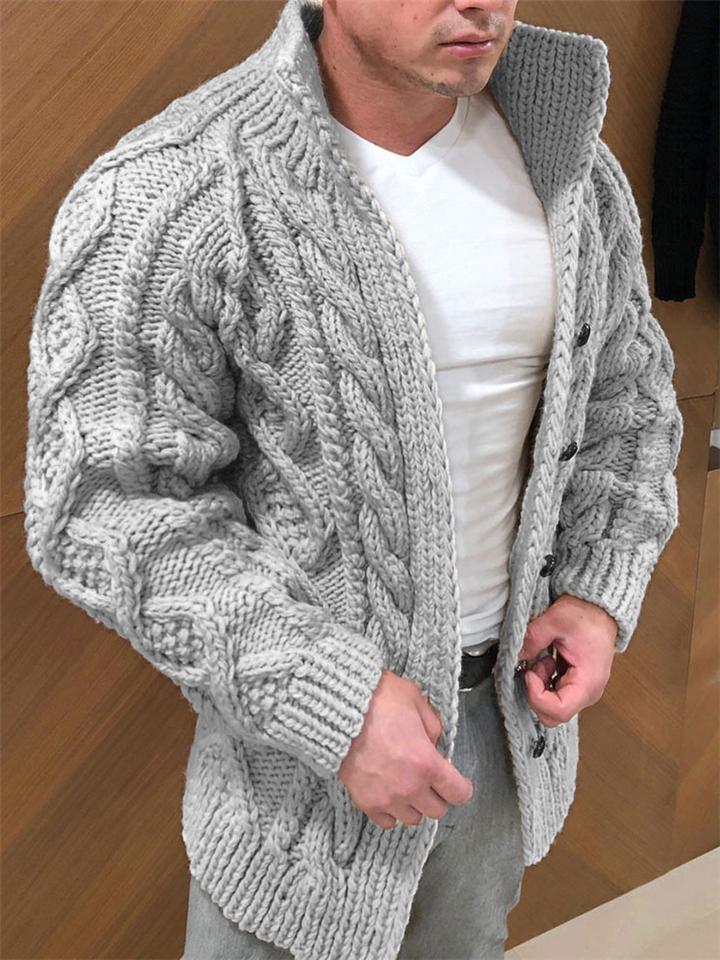 Mens Stand Collar Cable Knitted Buttons Sweater Cardigan