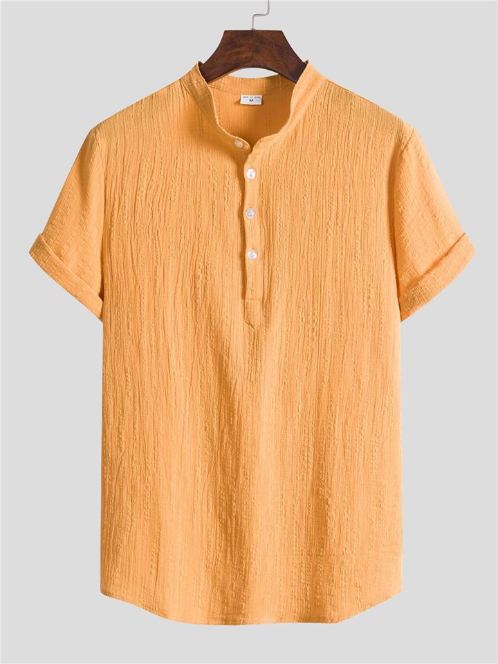Mens Breathable Solid Color Linen Button Short Sleeve Shirts