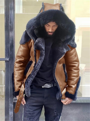 Mens Winter Hooded Luxury Fur Leather Biker Jacket