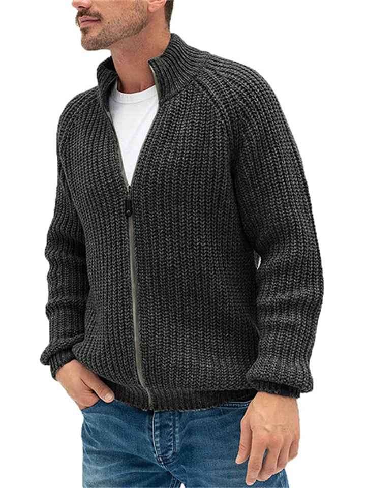 Solid Color Zipper Turtleneck Knitted Cardigan Sweater