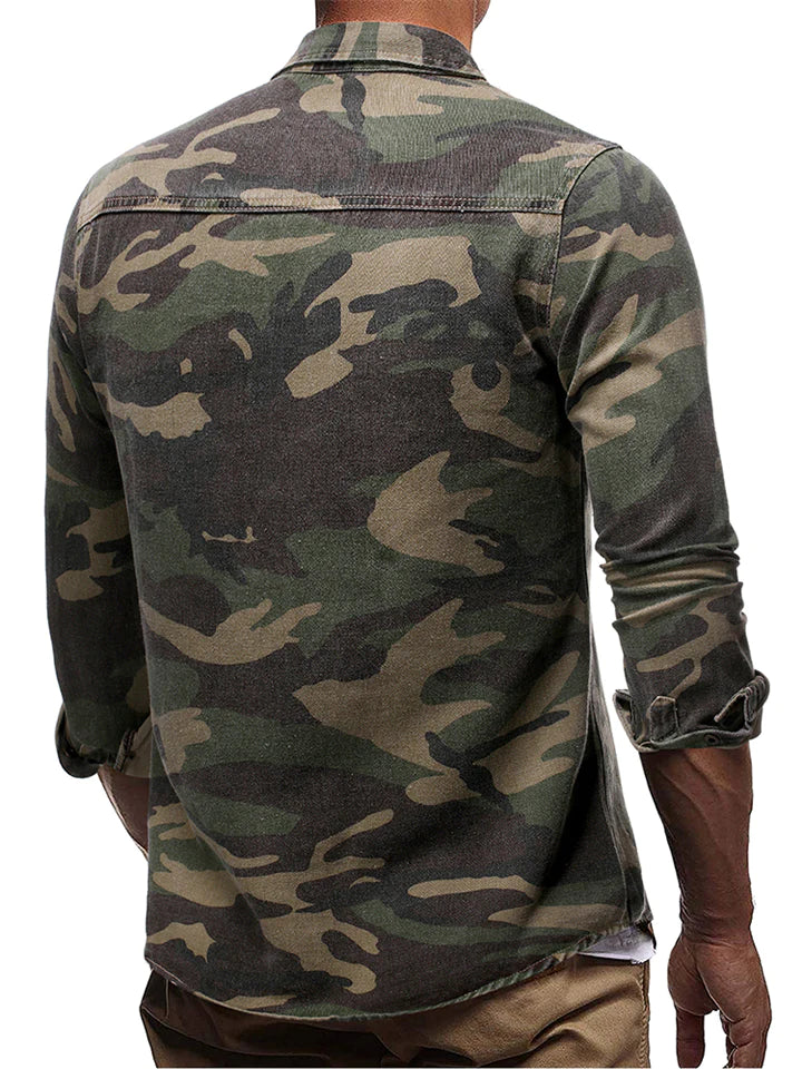 Men's Green Camouflage Long Sleeve Lapel Tough Guy Denim Shirt