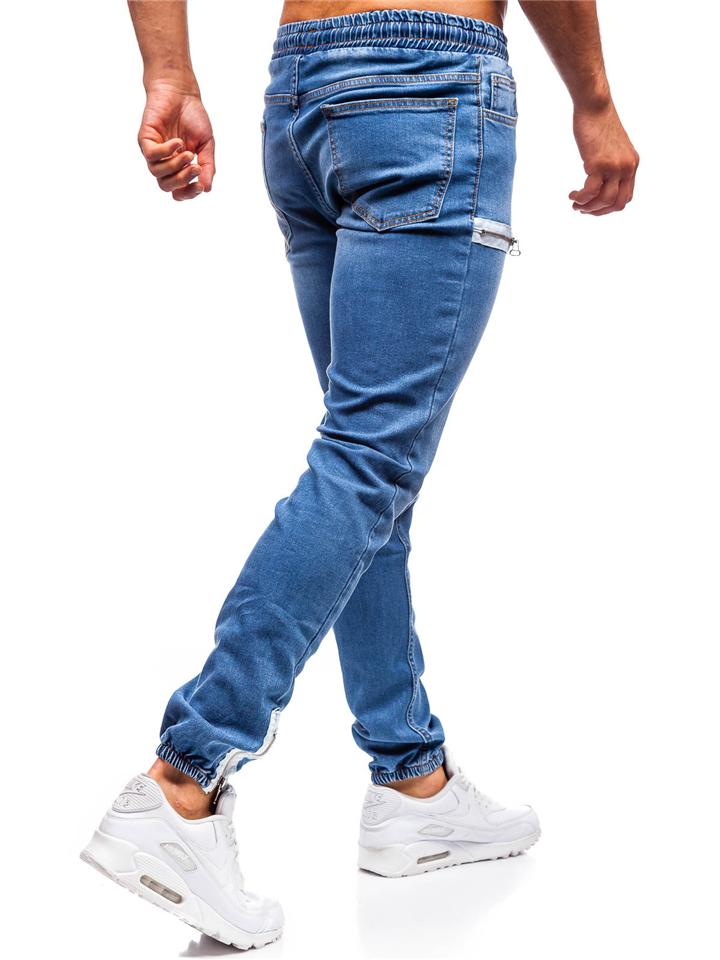 Men's Casual Drawstring Zipper Design Denim Pants