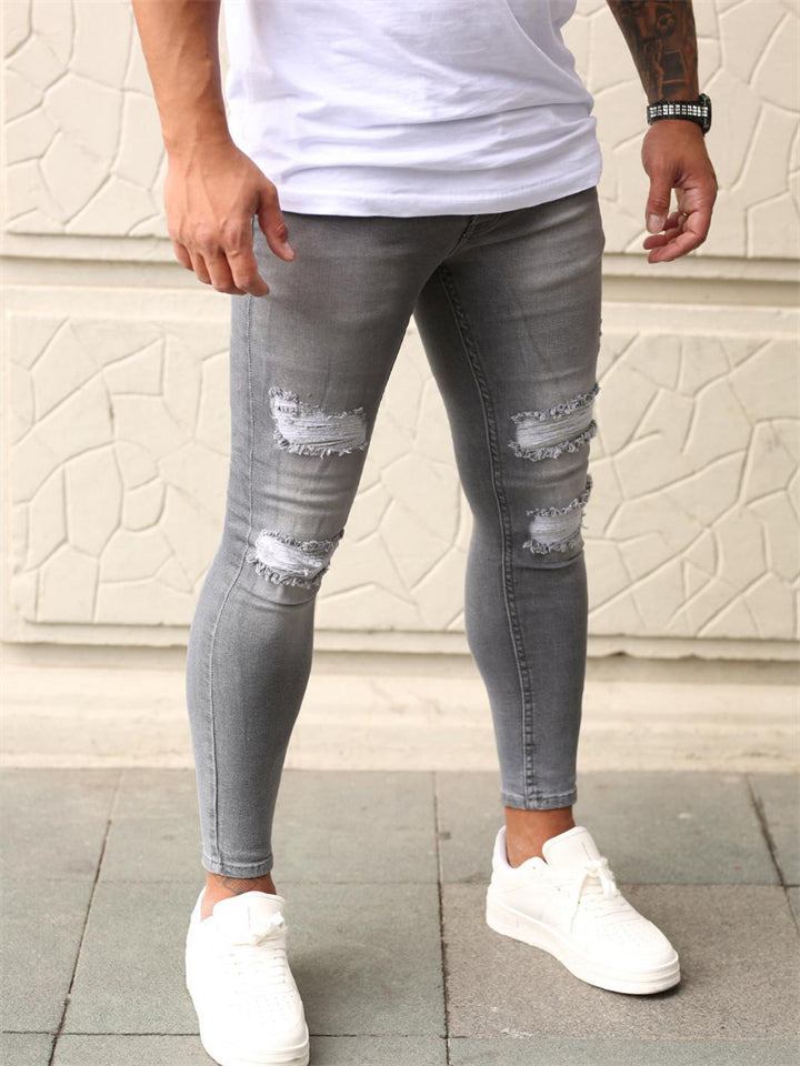 New Quilted Embroidered Skinny Ripped Stretch Denim Pants