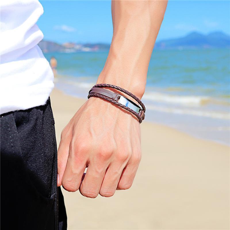 Men's Simple Braided Leather Bracelet Wristband with Alloy Ornament