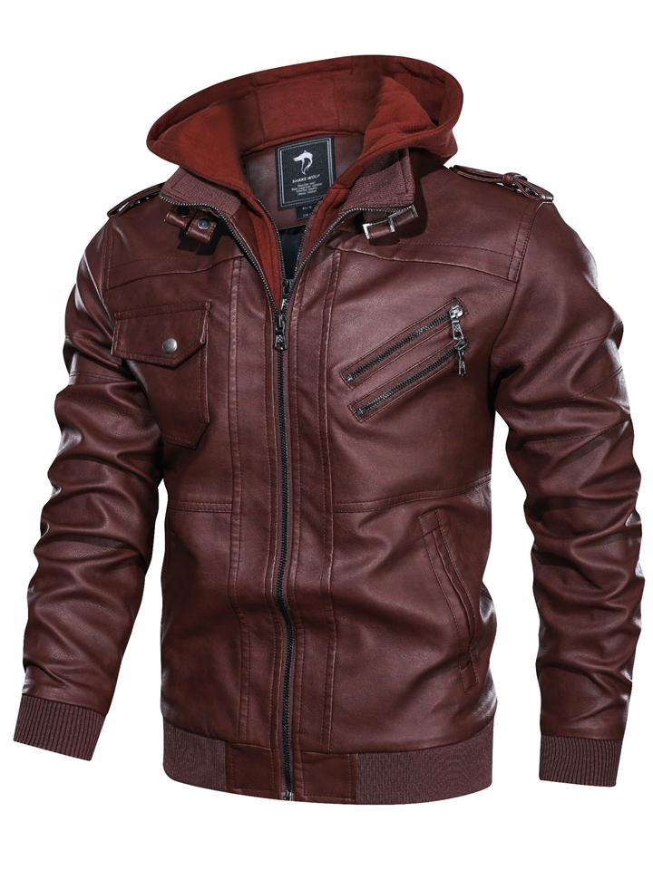 Men's Stylish Detachable Hooded Leather Biker Jacket