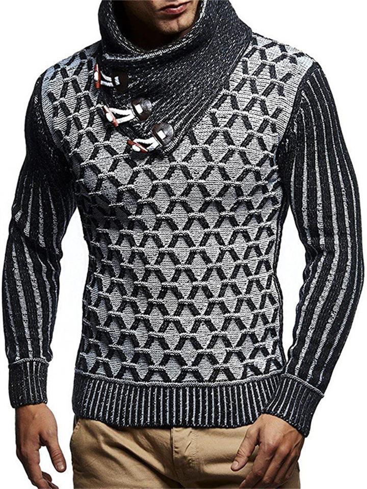 Men's Personalized Diamond Pattern Button Turtleneck Knit Pullover Sweater