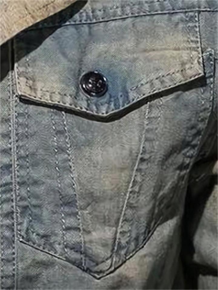 Men's Casual Stand-Collar Cotton Washed-Effect Denim Military Jacket